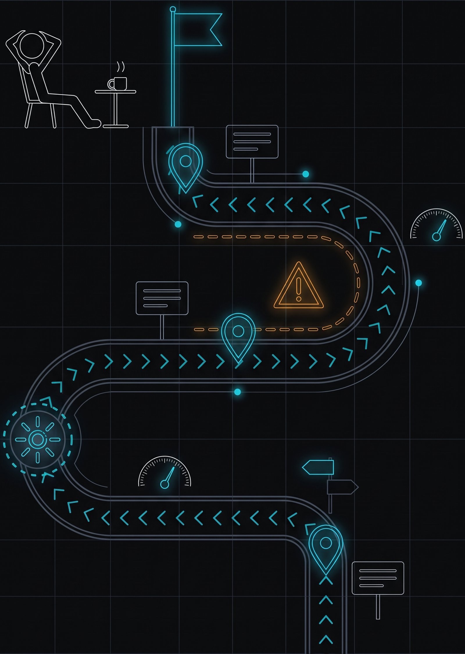 A team's path to its target, with checkpoints, performance gauges, procedures and a risk detour